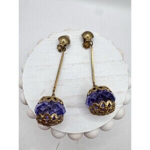 Vintage Large Purple Faceted Bead Dangle Clip on Earrings Ornate Bead Caps